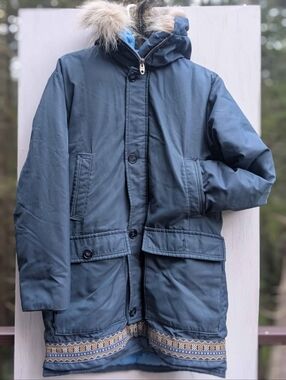 Vintage Blue Hooded Winter Parka Jacket with Fur Trim